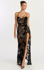 Violeta Maxi Dress - Corset Front Burnout Dress in Black