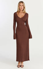 Astra Maxi Dress - V Neck Long Sleeve Knit Dress in Chocolate
