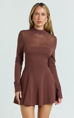 Camilla Mini Dress - Turtle Neck Fit And Flare Sheer Contrast Knit Dress in Chocolate