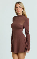 Camilla Mini Dress - Turtle Neck Fit And Flare Sheer Contrast Knit Dress in Chocolate