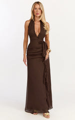 Eleonor Maxi Dress - Plunge Halter Tiered Ruffle Front Split Dress in Chocolate