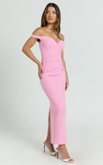 Vinnie Midi Dress - Off Shoulder Bustier Side Tuck Fitted Dress in Pink