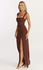 Donna Maxi Dress - Cowl Neck Column High Split Dress in Chocolate