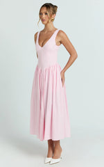 Beckett Midi Dress - Scoop Neck Drop V Waist Gathered Skirt Dress in Pink