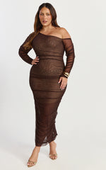 Ellen Midi Dress - Asymmetric Mesh Ruched Bodycon Dress in Brown