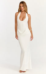 Heath Maxi Dress - Scoop Halter Neck With Drape Front Skirt Back Split Dress in Off White