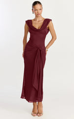 Zena Midi Dress - Cowl Neck Tie Detail Dress in Wine