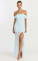 Leticia Maxi Dress - Mesh Off Shoulder Ruched High Split Dress in Blue