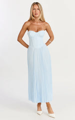 Loretta Midi Dress - Lace Up Back Bustier Pleated Dress in Light Blue