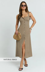 Cameron Midi Dress - Button Front Tie Back Dress in Mocha