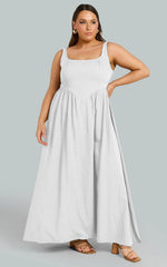 Rhaziya Midi Dress - Sleeveless Straight Neck Fit and Flare Dress in White