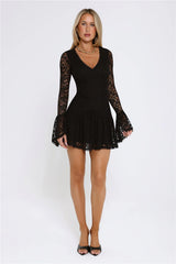 Gilded Lace Nights Long Sleeve Mini Dress Black