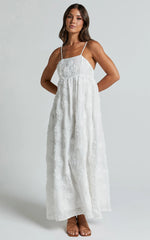 Claya Midi Dress - Sleeveless Straight Neckline Floral Detail Dress in White Embroidery