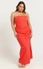Avery Midi Dress - Strapless Draped Side Split Dress in Orange