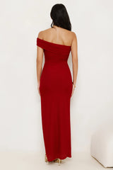 Berry Fresh Mesh One Shoulder Maxi Dress Red