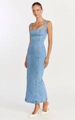 Kristie Maxi Dress - Wide Neck Corset Detail Denim Dress in Light Mid Blue