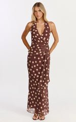 Nola Midi Dress - Polkadot Halter Dress in Choc Polka