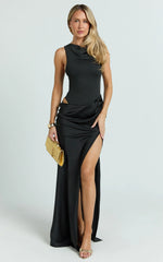 Pepper Maxi Dress - High Neck Bodysuit with Draped Skirt in Black
