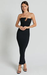 Alberta Midi Dress - Strapless bust detail textured dress in Black