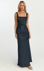 Rumi Maxi Dress - Ruched Bodice Satin Dress in Navy