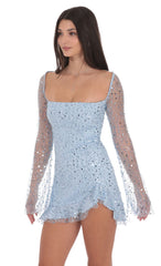 Sequin Flare Long Sleeve Dress in Light Blue
