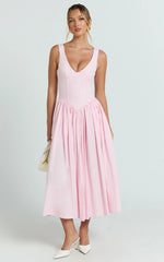 Beckett Midi Dress - Scoop Neck Drop V Waist Gathered Skirt Dress in Pink
