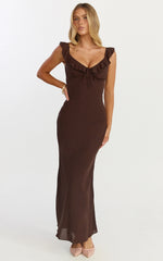 Lily Midi Dress - Ruffle V Neck Front Tie Slip Dress in Chocolate