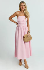 Polly Midi Dress - Strapless Ruched Dress in Pink