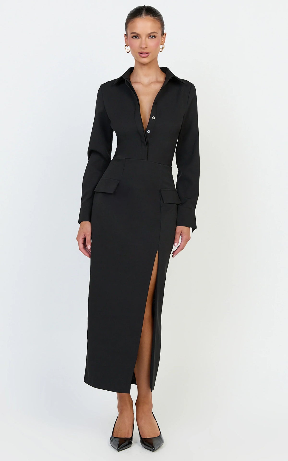 Henley Midi Dress - Long Sleeve Fitted Shirt Dress in Black