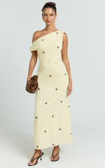 Cia Midi Dress - One Shoulder Dress in Yellow Choc Polka Dot