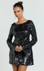 Bertina Mini Dress - Sequin Scoop Neck Low Back Dress in Black