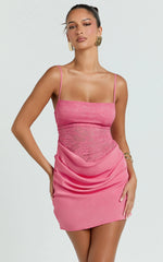 Rania Mini Dress - Square Neck Cowl Waist Lace Dress in Dark Pink