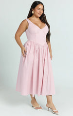Beckett Midi Dress - Scoop Neck Drop V Waist Gathered Skirt Dress in Pink