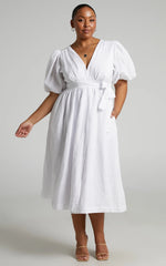 Amalie The Label - Franc Linen Puff Sleeve Wrap Midi Linen Dress - In White