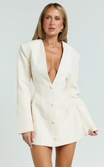 Ninette Mini Dress - V Neck Tulip Hem Blazer Dress in Cream