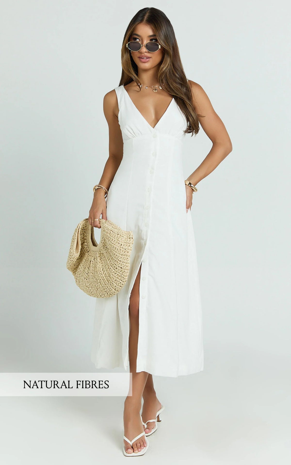 Zula Midi Dress - V Neck Sleeveless Under Bust Seam Circular Skirt Dress in White
