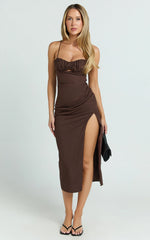 Frederica Midi Linen Blend Dress - Gathered Sweetheart Tie Back Front Split Dress in Chocolate