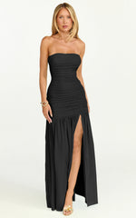 Marguerite Maxi Dress - Strapless Ruched Mesh High Leg Split Dress in Black