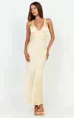 Khalani Maxi Dress - Deep V Neck Satin Slip Dress in Butter Yellow