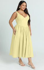Beckett Midi Dress - Scoop Neck Drop V Waist Gathered Skirt Dress in Butter Yellow