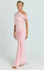 Nicolette Maxi Dress - Cape Sleeve Off Shoulder Dress in Pink