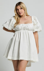 Amalie The Label - Hamyya Linen Tie Back Puff Sleeve Mini Linen Dress - In White