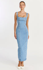 Kristie Maxi Dress - Wide Neck Corset Detail Denim Dress in Light Mid Blue
