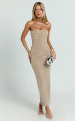 Terri Midi Dress - Diamante Square Neck Bodycon Dress in Nude