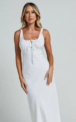 Lucas Midi Dress - Ruched Bust Linen Dress in White