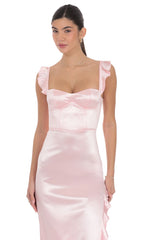Satin Ruffle Maxi Dress in Pink