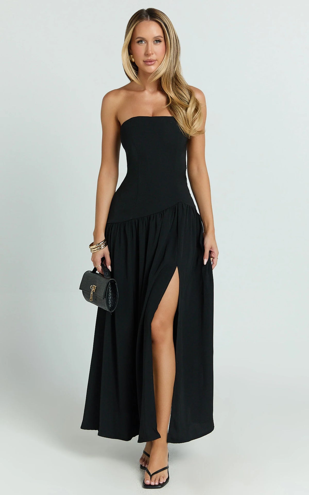 Nadiane Midi Dress - Strapless Asymmetric Drop Waist Dress in Black