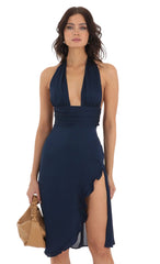 Satin Ruffle Slit Dress in Navy