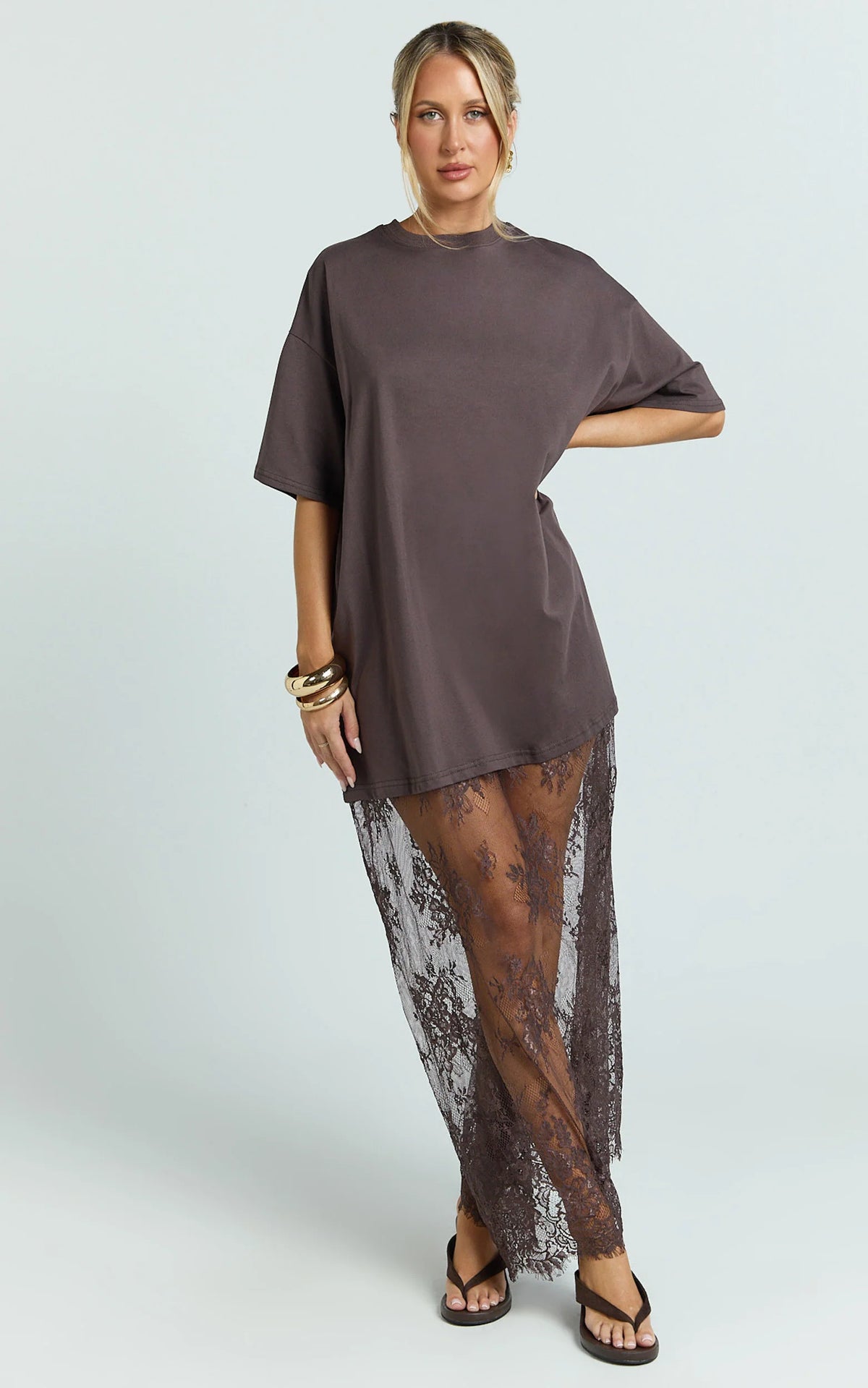 Jonna Midi Dress - Longline Lace Insert Tee in Chocolate
