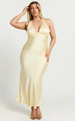 Khalani Maxi Dress - Deep V Neck Satin Slip Dress in Butter Yellow